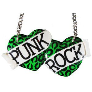 Punk Rock Lg Double Heart Necklace Green Leopard